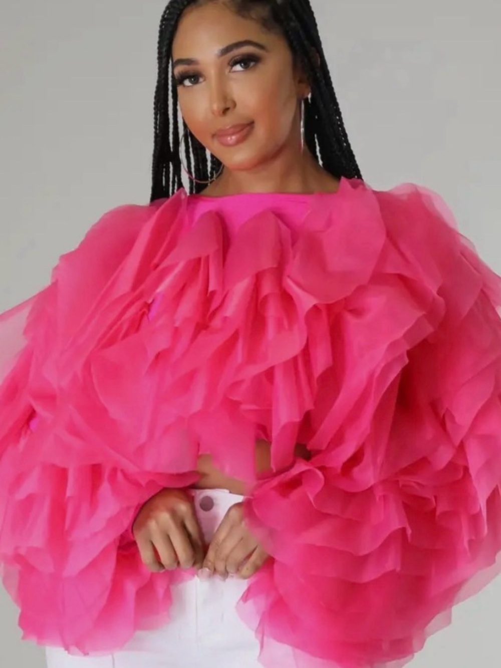 Ruffled Voluminous Crop Top in Hot Pink - Women's Statement Top